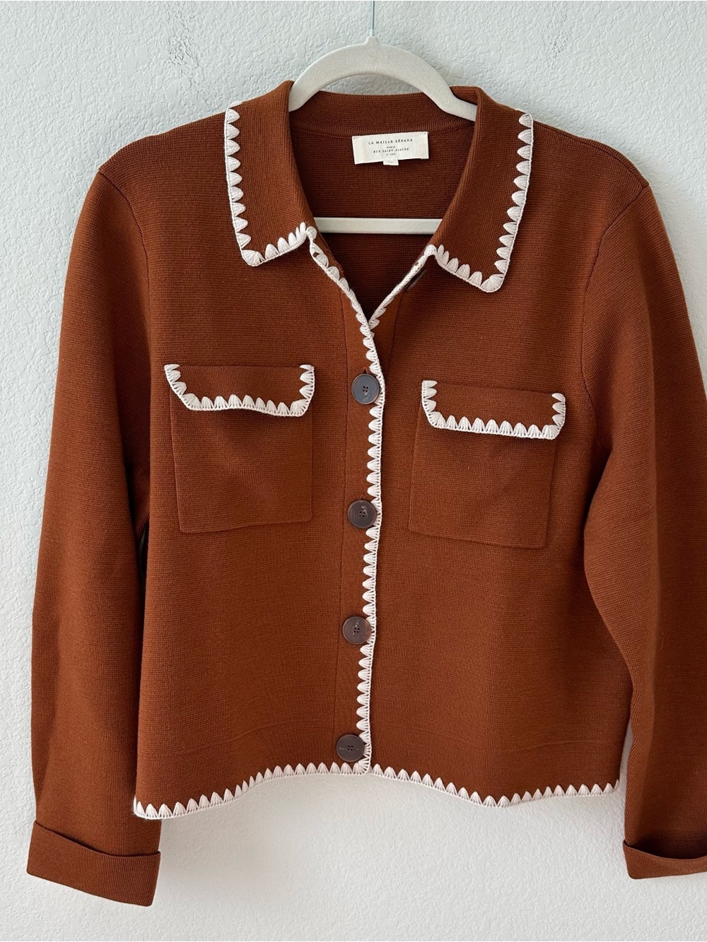 Sezane Betty Cardigan Embroidered Mahogany Brown Cream SZ XL - Picture 2 of 6